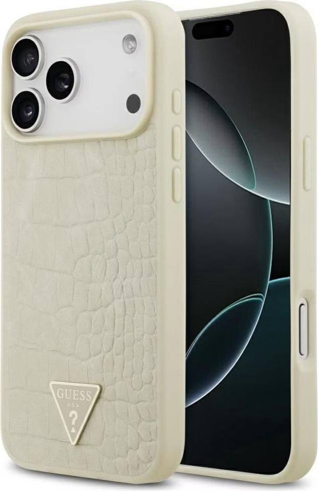 Чехол Guess для iPhone 17 Pro Max PU Croco Triangle metal logo, MagSafe, Бежевый