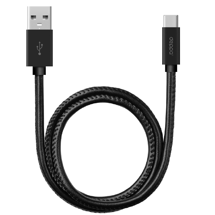 Deppa Leather USB - Type-C, алюминий/экокожа 1.2м, Черный