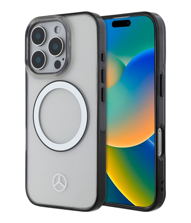 Чехол Mercedes для iPhone 16 Pro Max, PC/TPU Прозрачный с черным кольцом MagSafe, Прозрачный