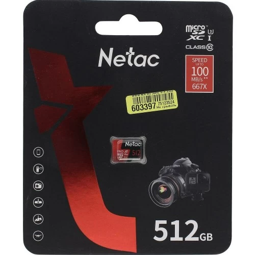 Карта памяти Netac P500 Extreme Pro Class 10 UHS-I A1 V30 (100 Mb/s), MicroSDXC, 512GB и SD адаптер