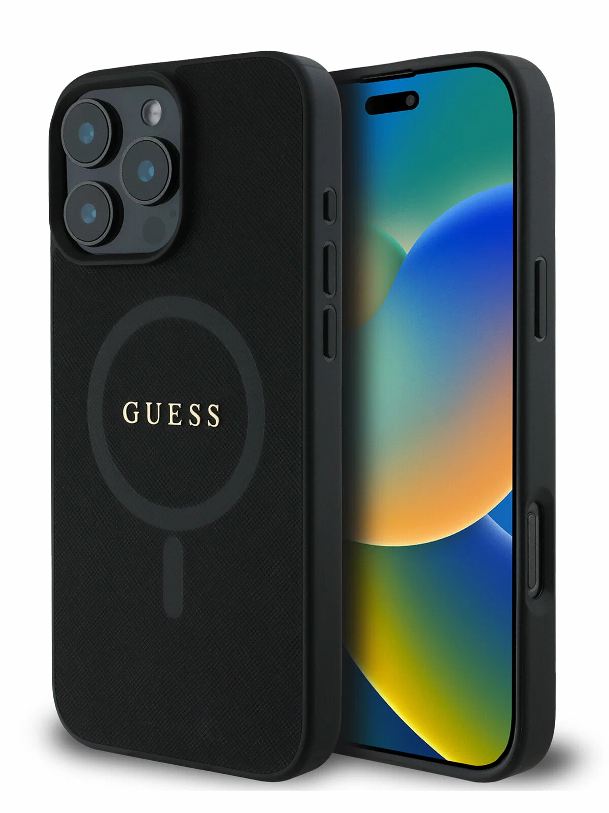 Чехол Guess для iPhone 16 Pro PU Saffiano with metal logo, MagSafe, Черный