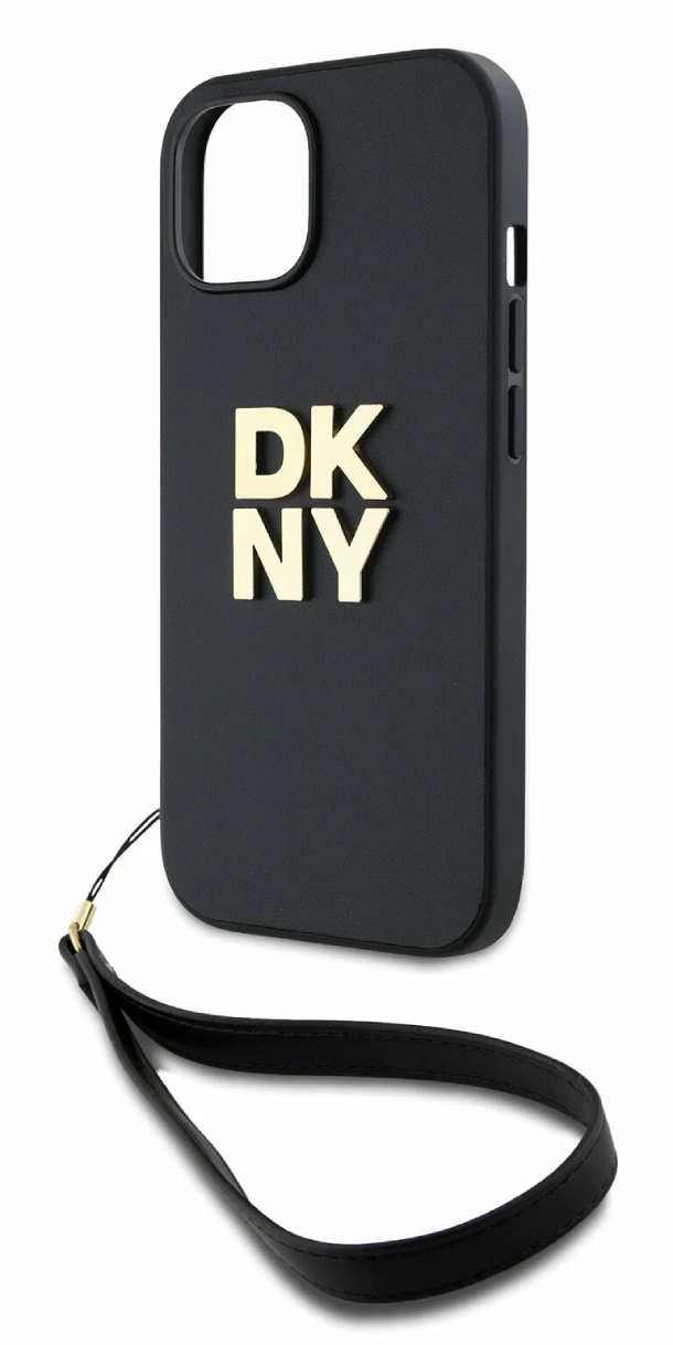 Чехол DKNY для iPhone 15 Pro Max PU Жесткий металлический логотип Stack + ремешок для рук, Черный