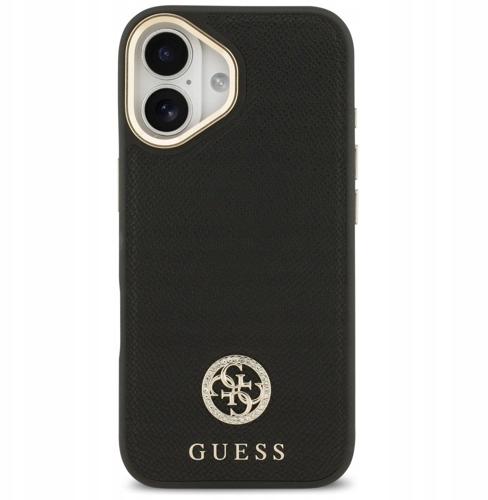 Чехол Guess iPhone 17 PU Grained 4G Diamond metal logo Gold camera, MagSafe, Черный