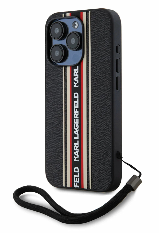Чехол Lagerfeld для iPhone 16 Pro Max, PU Saffiano Stripe Logo Hard + Nylon Hand cord, Черный/Красный