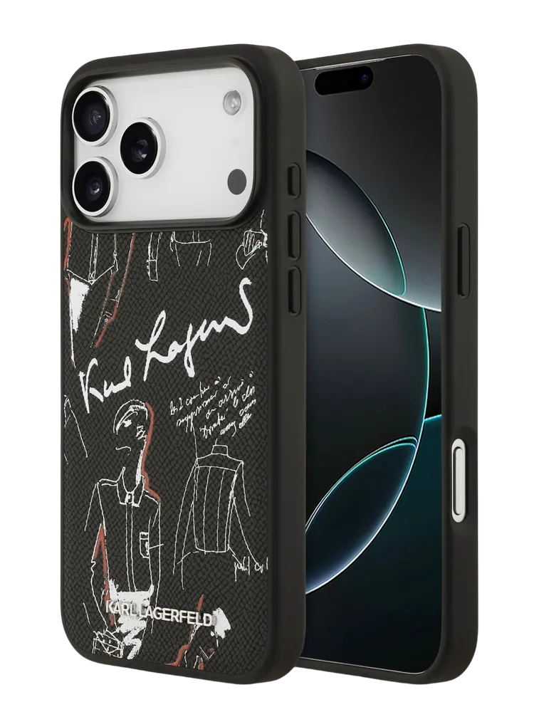 Чехол Lagerfeld iPhone 17 Pro PU Grained leather Sketch with Metal logo Hard Black, Magsafe, Черный