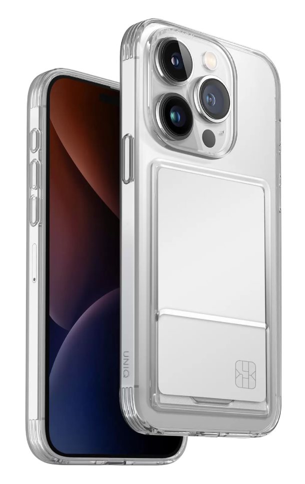 Чехол с кармашком под карту Uniq для iPhone 15 Pro, Серо-прозрачный