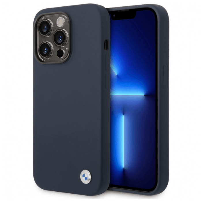 Чехол BMW для iPhone 14 Pro Max, Силикон с металлическим логотипом MagSafe, Тёмно-синий