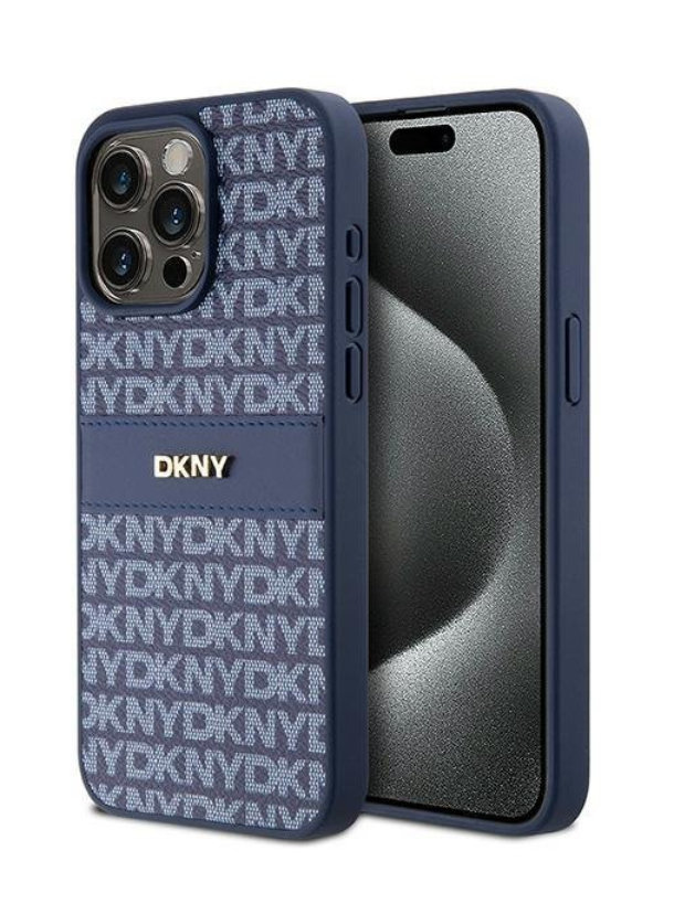 Чехол DKNY для iPhone 15 Pro Max PU Повторяющаяся текстура полоски в тон металлическому логотипу, Синий