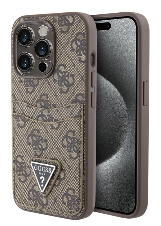 Чехол Guess для iPhone 15 Pro, PU 4G Double cardslot Triangle metal logo Hard, Коричневый