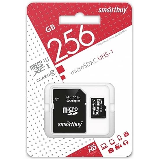 Карта памяти MicroSDXC 256GB Smart Buy Class 10 U3 Pro и SD адаптер, Черная