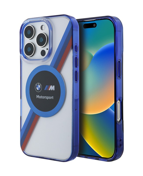 Чехол BMW для iPhone 16 Pro Max, Motorsport PC/TPU Круг и триколор MagSafe, Прозрачный