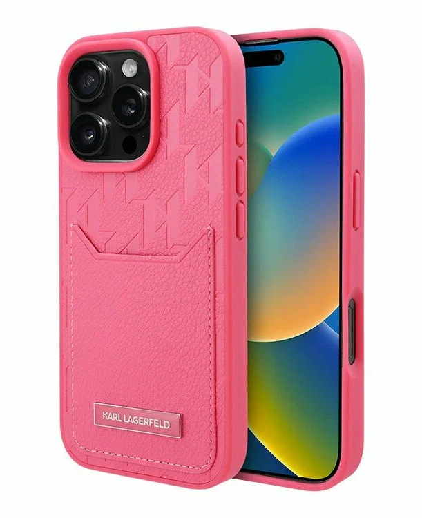 Чехол Lagerfeld для iPhone 16 Pro, Картслот PU Grained Monogram with Pocket, Фуксия
