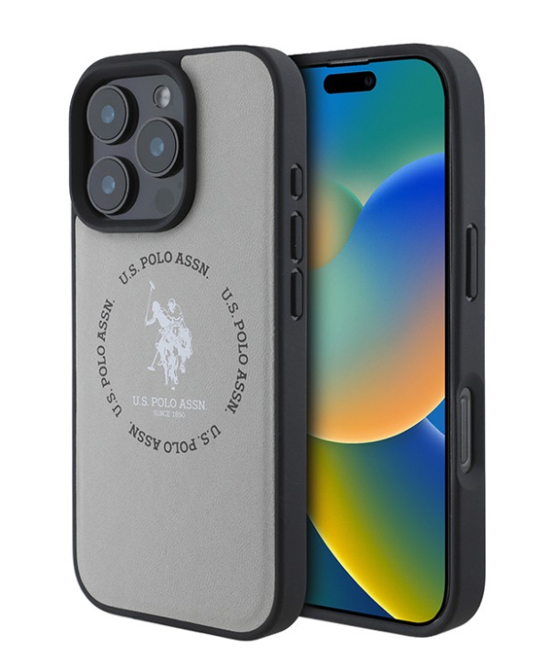 Чехол U.S. Polo для iPhone 16 Pro Max, PU Круглый логотип с двойной лошадью MagSafe, Бежевый