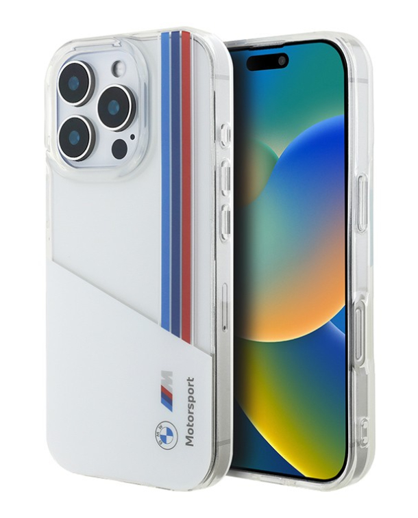 Чехол BMW для iPhone 16 Pro, Motorsport PC/TPU Триколор вертикальные полосы, Белый