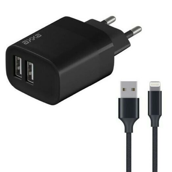 Axxa 2 USB 2.4А, дата-кабель Lightning 1m, Черный