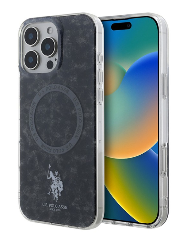 Чехол U.S. Polo для iPhone 16 Pro Max, PC/TPU Логотип с двойной лошадью и кольцо MagSafe, Черный
