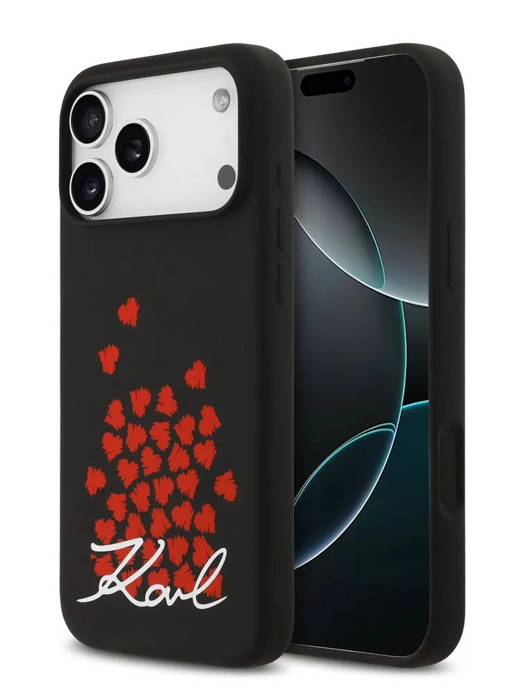 Чехол Lagerfeld iPhone 17 Pro Liquid Silicone Hearts, MagSafe, Черный