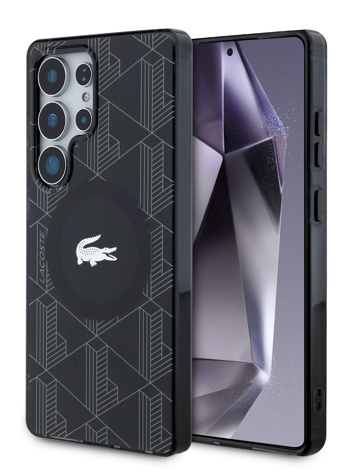 Чехол Lacoste для Galaxy S25 Ultra PC/TPU Double layer Silver Croc logo, MagSafe, Черный