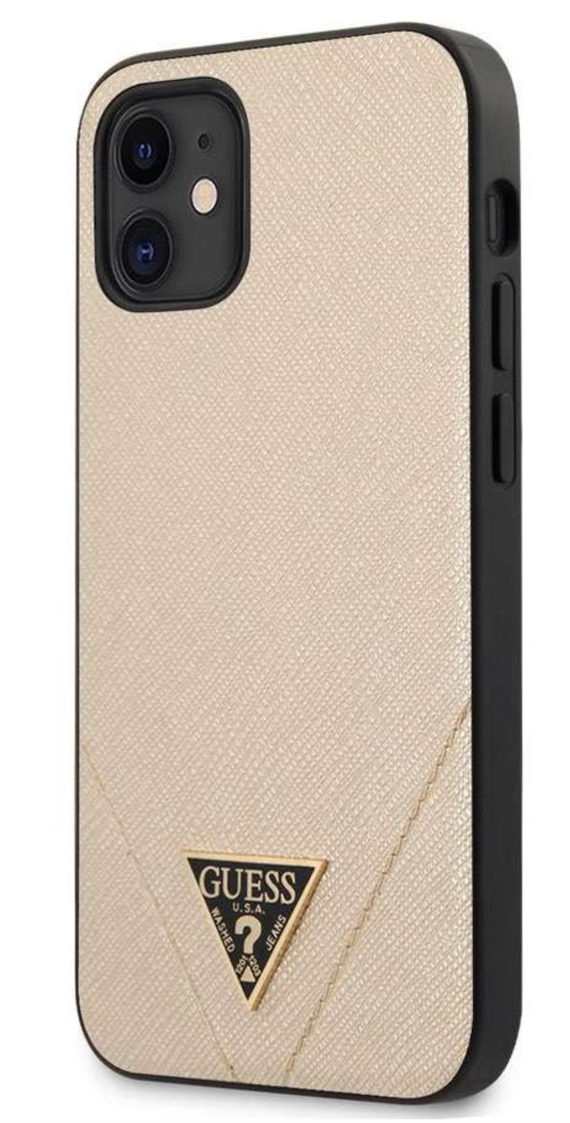 Чехол Guess для iPhone 12 mini, PU Металлический логотип в виде треугольника из сафьяна, Золото