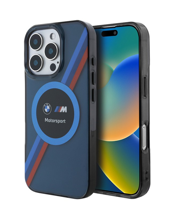 Чехол BMW для iPhone 16 Pro Max, Motorsport PC/TPU Круг и триколор MagSafe, Синий