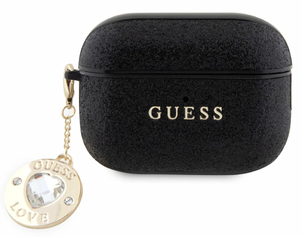 Чехол Guess для Airpods 2, Фиксированные блестки с бриллиантовым сердечком-шармом, Чёрная