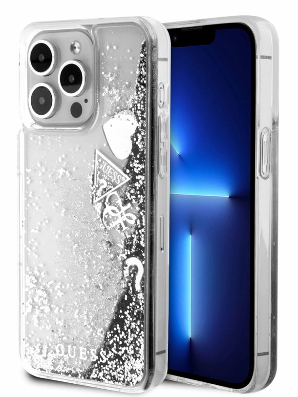 Чехол Guess для iPhone 15 Pro Max, Liquid Glitter Hard Hearts, Серебряный