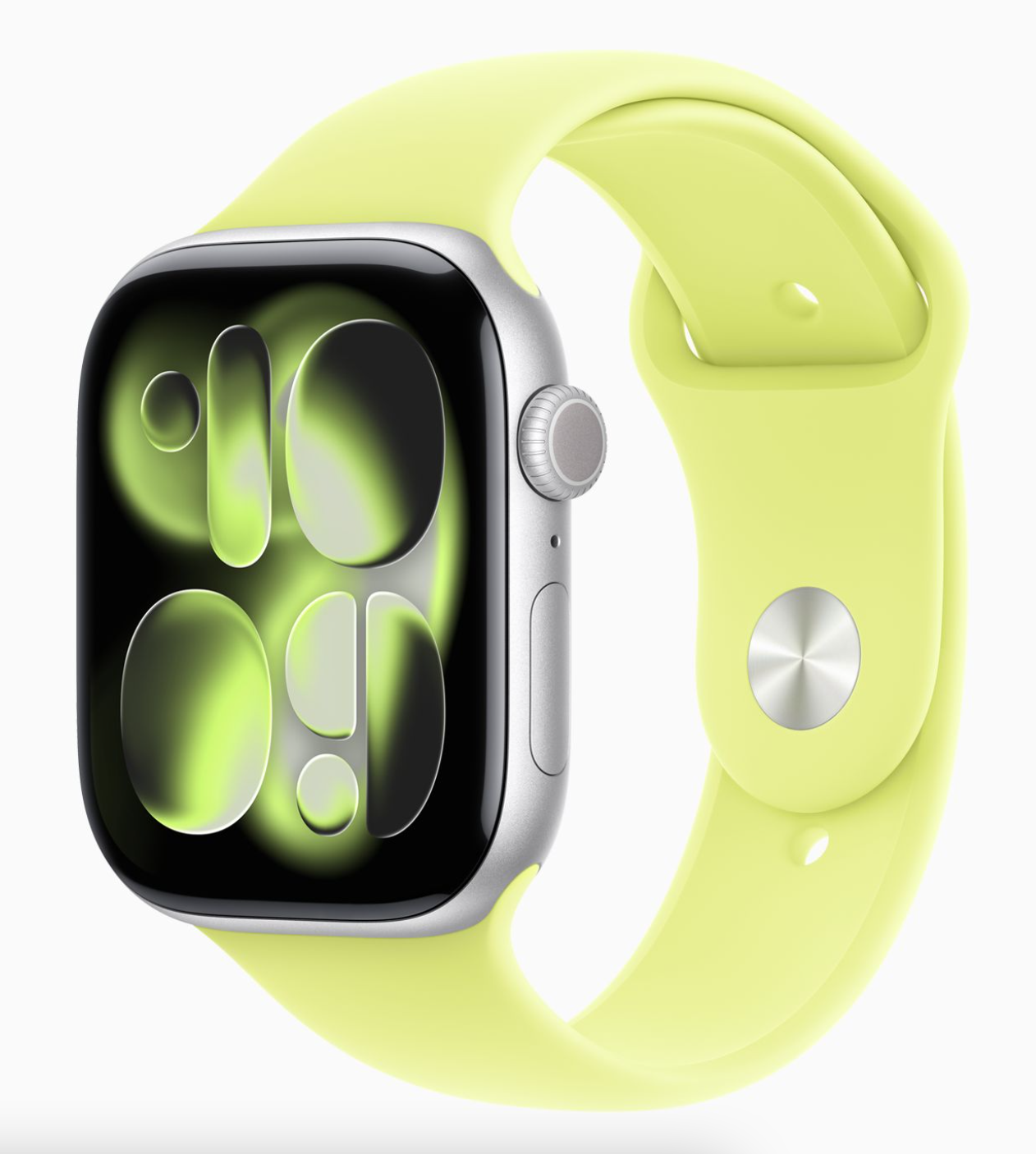 Apple Watch Series 11 GPS 42 мм, корпус из алюминия «серебристого» цвета, спортивный ремешок желтого цвета M/L