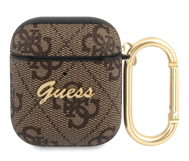 Чехол Guess для Airpods 2 PU leather 4G с металлическим логотипом и карабином, Коричневый