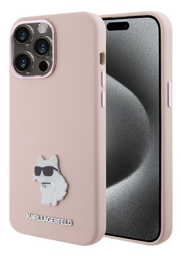 Чехол Lagerfeld для iPhone 15 Pro Max, Силикон NFT Choupette metal pin Hard, Розовый
