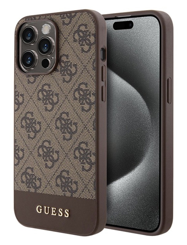 Чехол Guess для iPhone 15 Pro Max, PU 4G MagSafe Нижняя полоска с металлическим логотипом , Коричневый