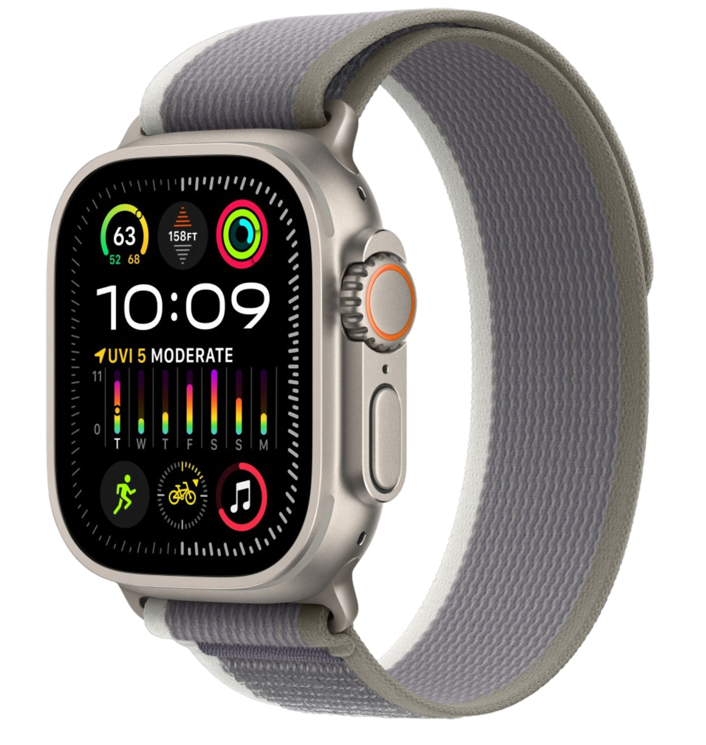 Apple Watch Ultra 2 GPS, 49 мм, Корпус из титана, ремешок Trail зелено-серого цвета M/L MRF43