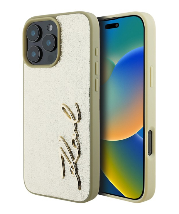 Чехол Lagerfeld для iPhone 16 Pro Max, PU Wrinkled Signature металлический логотип, Золотой