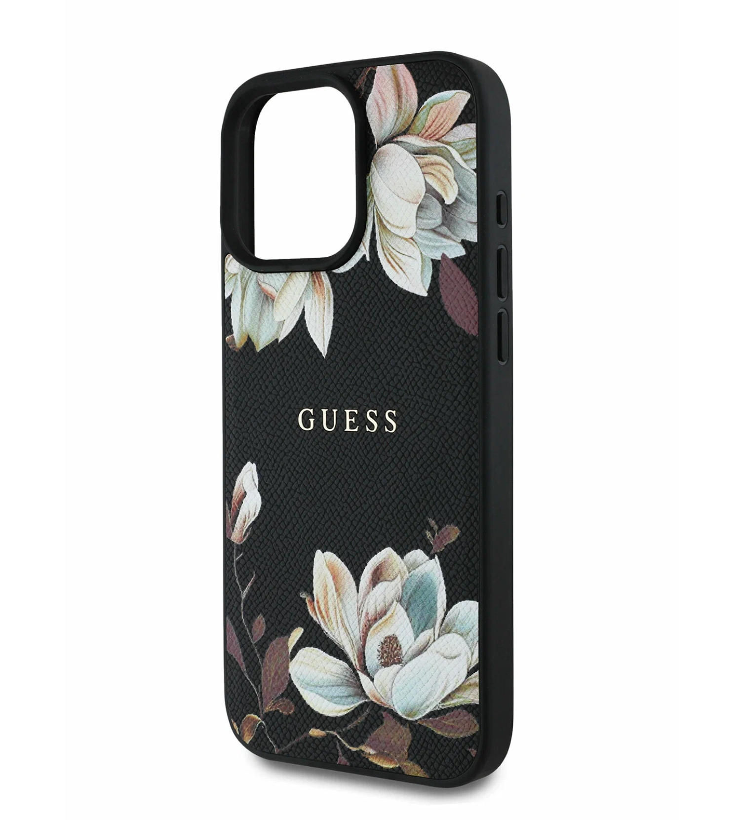 Чехол Guess PU Grained leather Flowers Metal logo Hard с MagSafe для iPhone 16 Pro, Черный