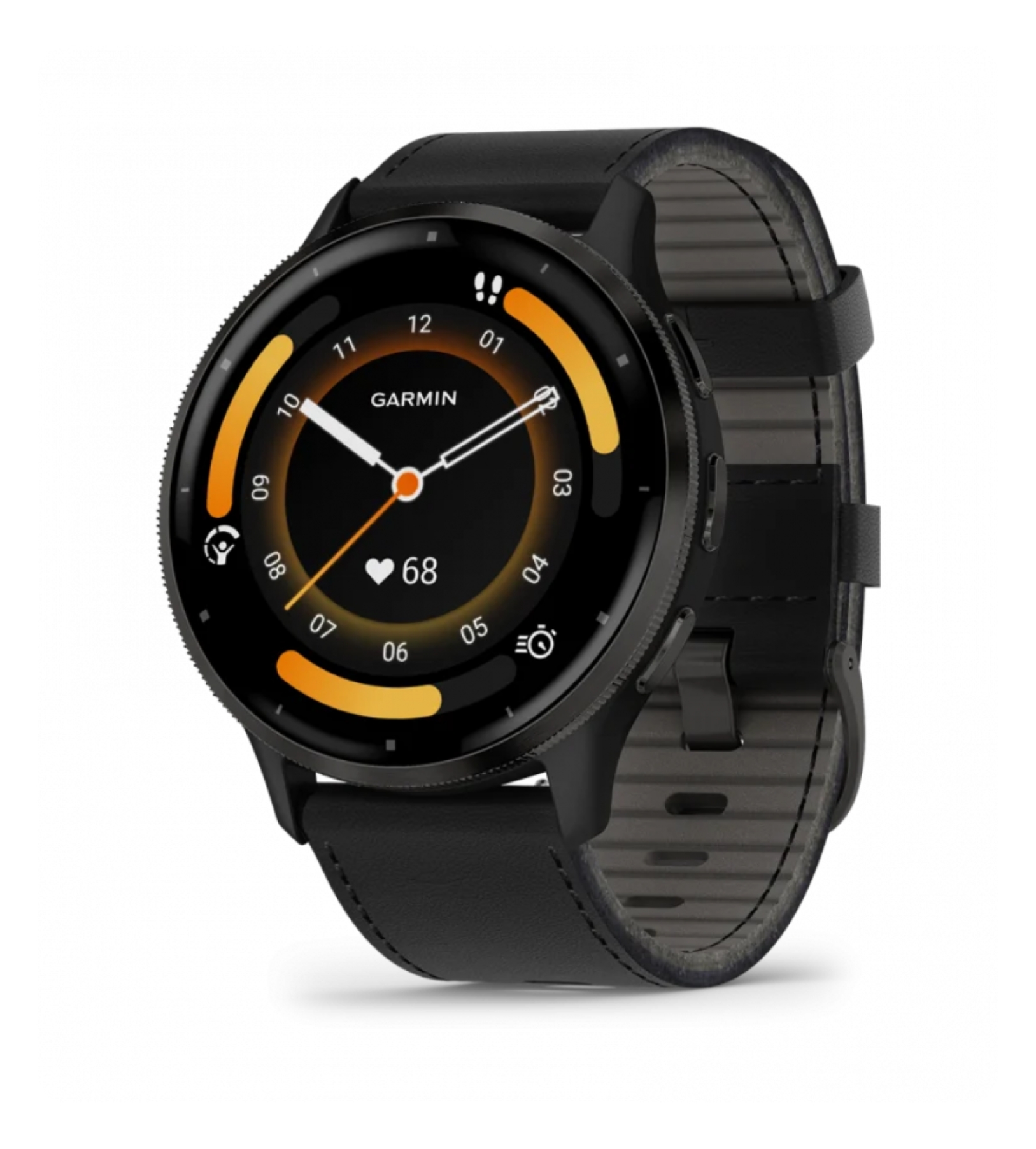 Garmin Venu 3 Slate с ободком из нержавеющей стали, черным корпусом и черным кожаным ремешком