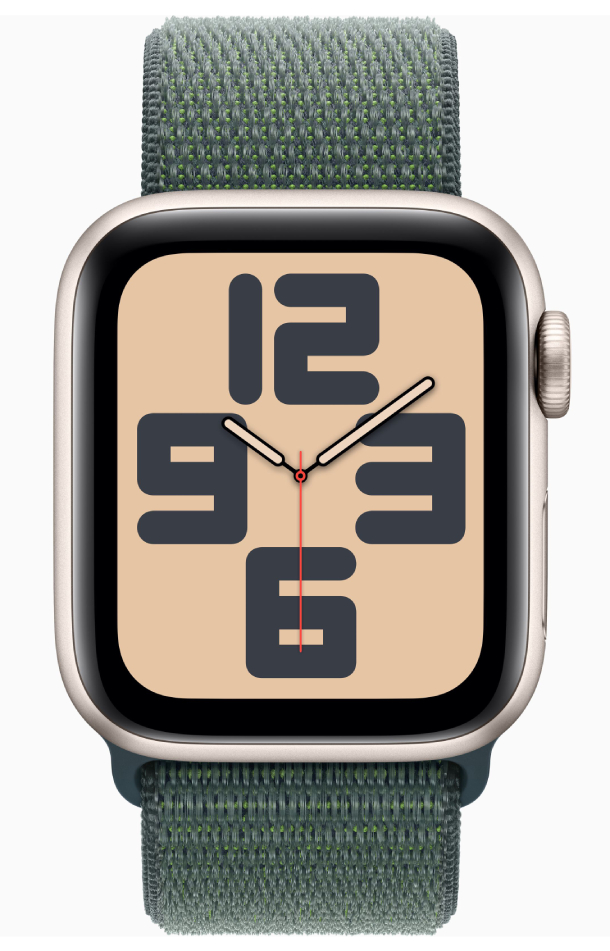 Apple Watch SE 2024, 40 мм, корпус из алюминия цвета «сияющая звезда», спортивный ремешок Loop зеленого цвета, MXEH3