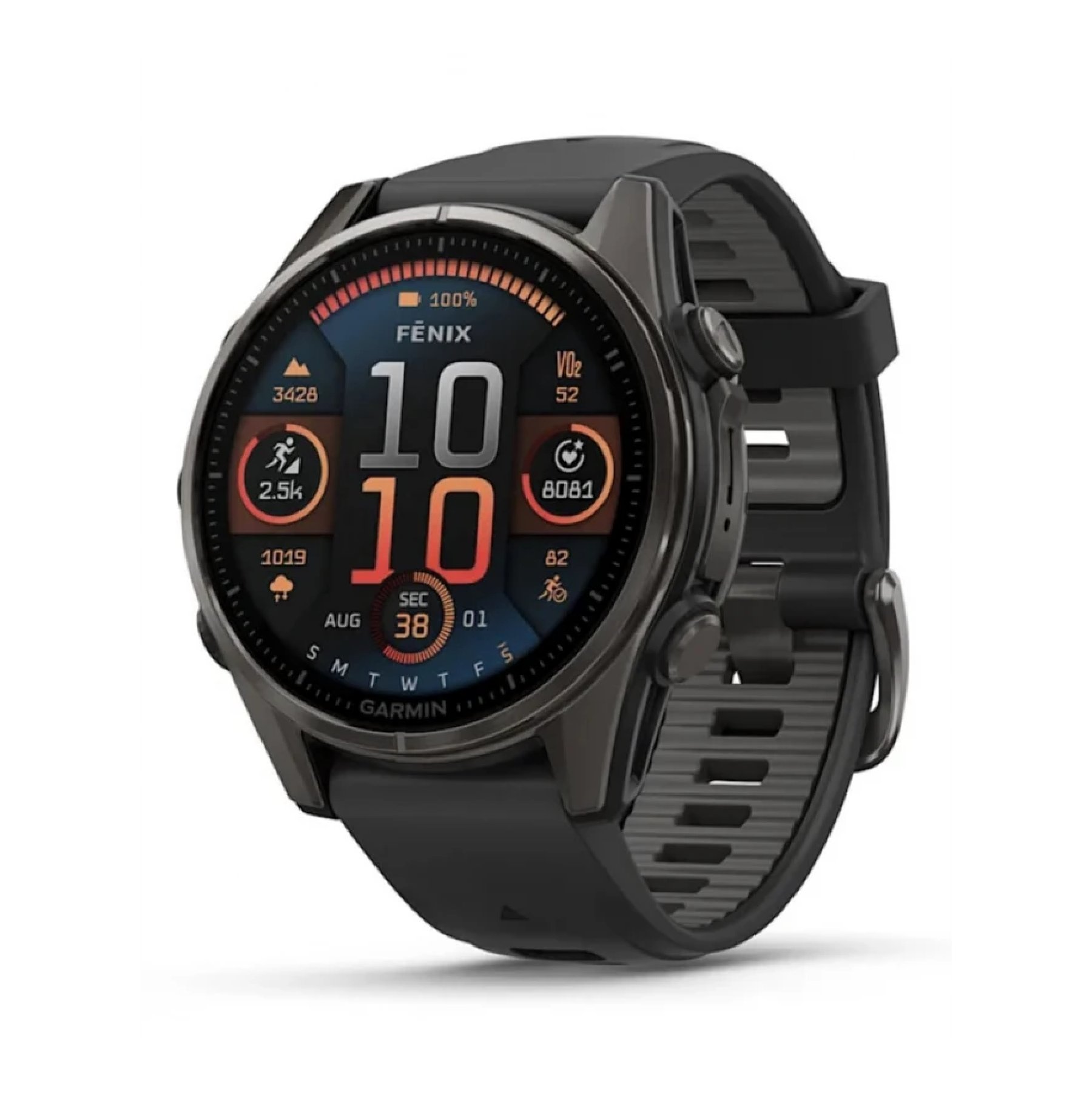 Garmin Fenix 8, 43 мм, AMOLED, Sapphire Carbon, Угольно-черный DLC, пепельно-серый ремешок