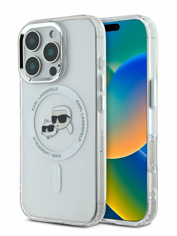 Чехол Lagerfeld для iPhone 16 Pro Max, PC/TPU NFT Karl & Choup Head Metal camera Hard MagSafe, Белый