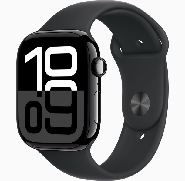 Apple Watch Series 10 GPS 46 мм, корпус из алюминия цвета «чёрный глянец», спортивный ремешок черного цвета, размер S/M, MWWP3