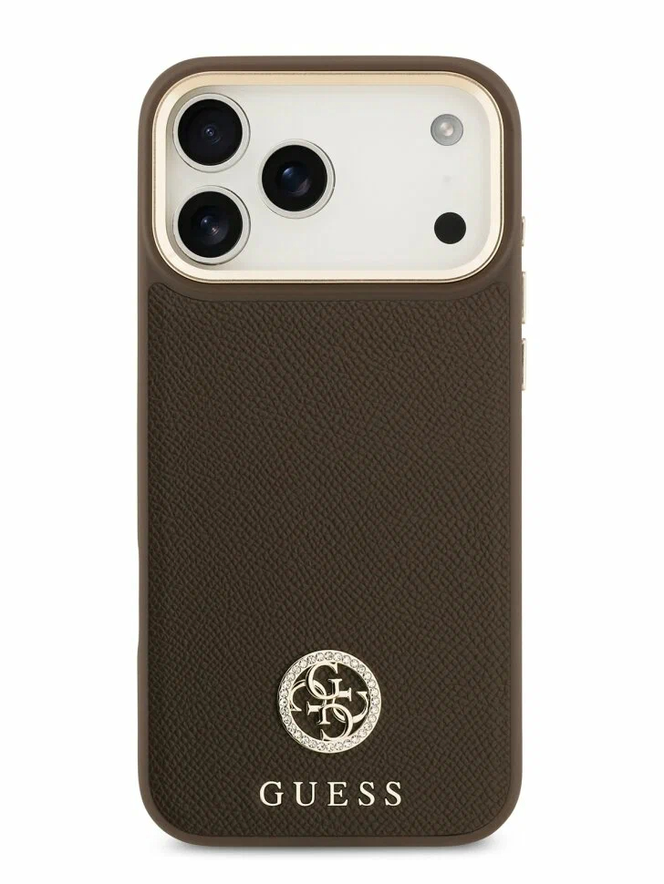 Чехол Guess для iPhone 17 Pro PU Grained 4G Diamond metal logo Gold camera, MagSafe, Коричневый