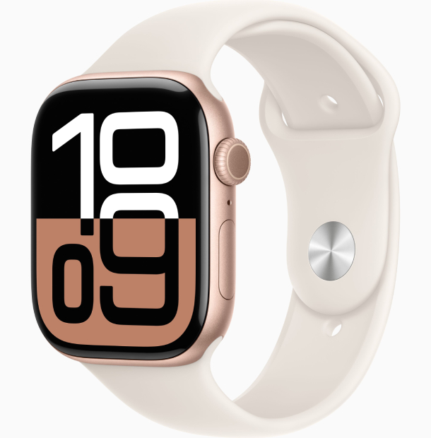 Apple Watch Series 10 GPS 46 мм, корпус из алюминия цвета «розовое золото», спортивный ремешок цвета «румянец» M/L (MWWU3)