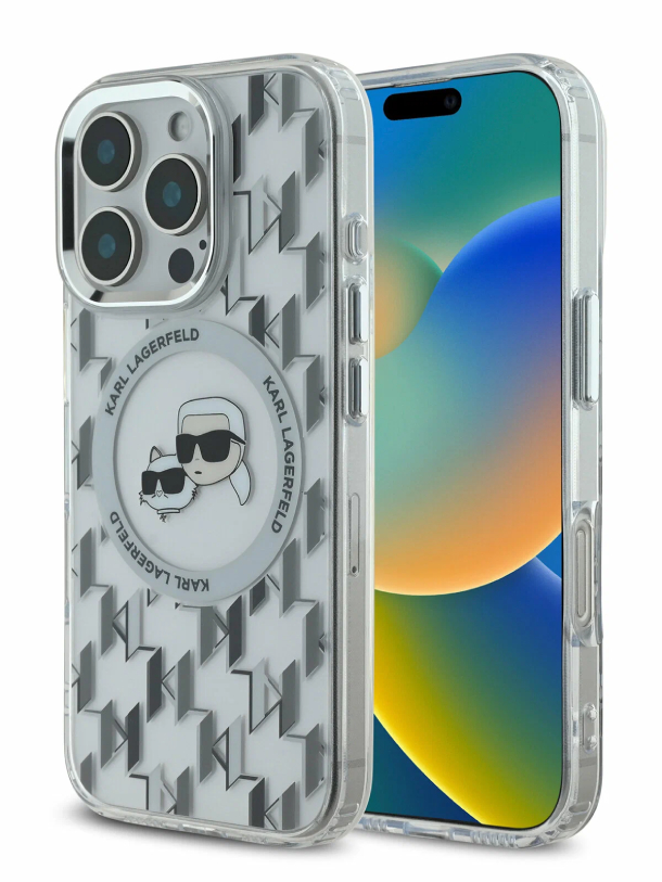 Чехол Lagerfeld для iPhone 16 Pro Max, PC/TPU Monogram NFT Karl & Choup Metal Cam Hard MagSafe, Прозрачный