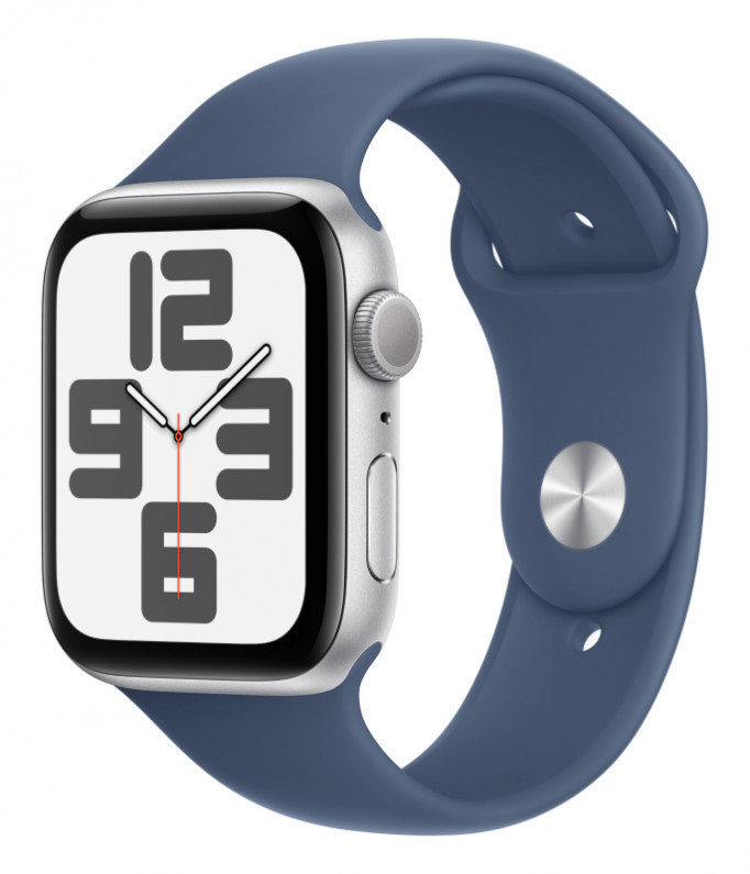Apple Watch SE 2024, 44 мм, корпус из алюминия серебристого цвета, спортивный ремешок синего цвета M/L (MXER3)