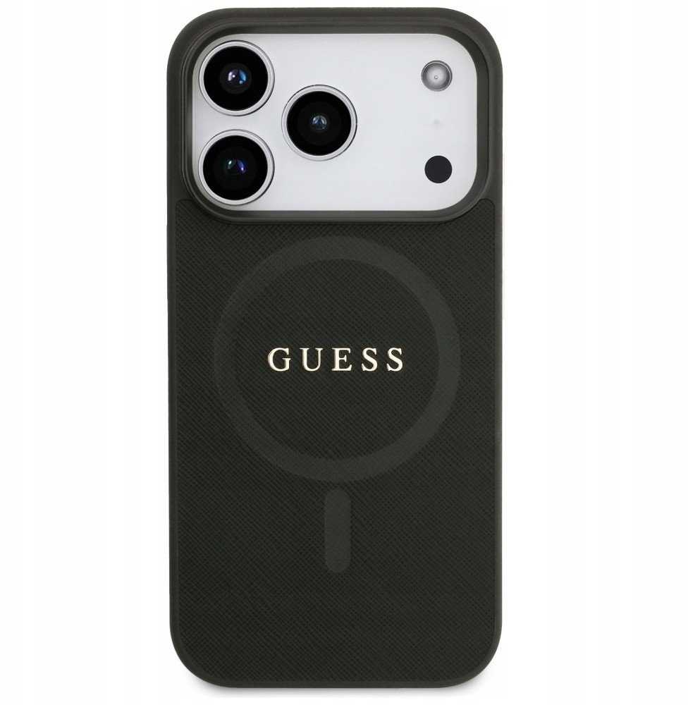 Чехол Guess iPhone 17 Pro PU Saffiano with Classic metal logo Hard Black, Magsafe, Черный