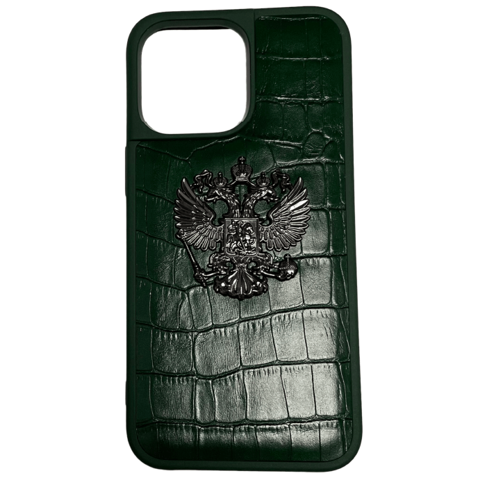Чехол Кожа с металлическим гербом для iPhone 14 Pro Max, Зеленый