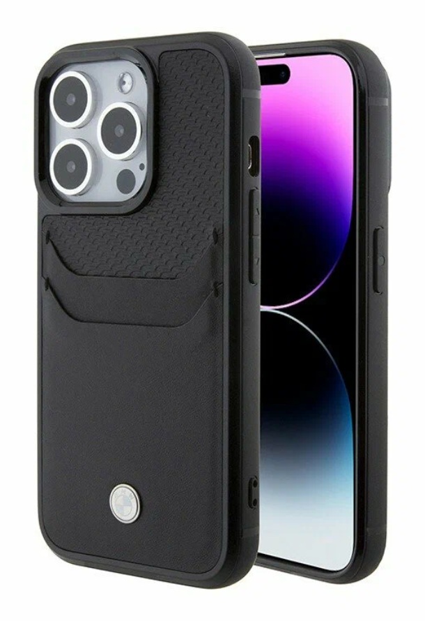 Чехол BMW для iPhone 15 Pro, Фирменная кожа с прорезью для карт памяти, Черный