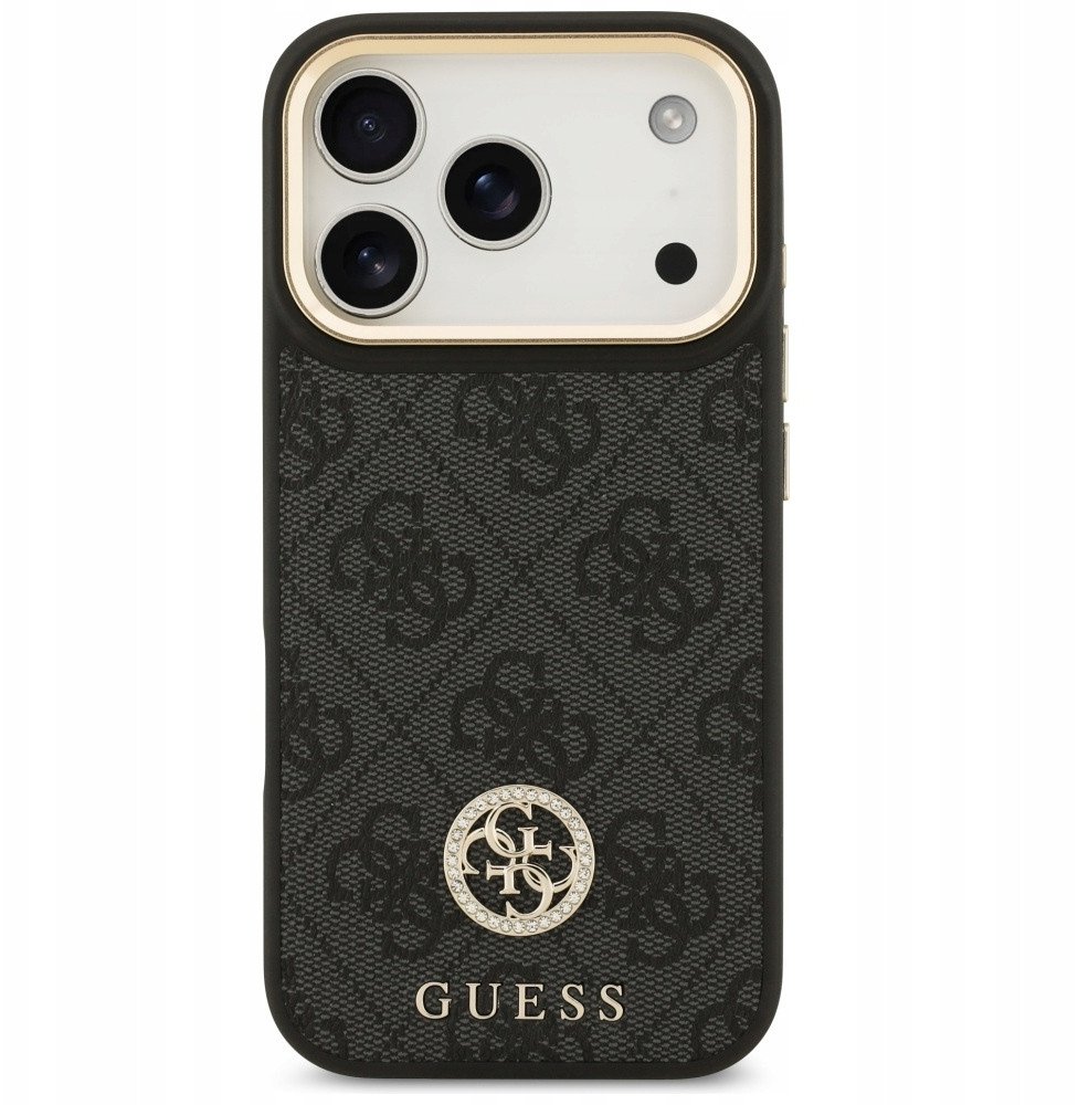 Чехол Guess iPhone 17 Pro PU 4G Diamond metal logo Gold camera Hard Black, Magsafe, Черный