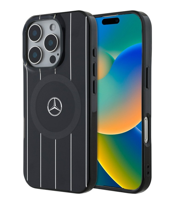 Чехол Mercedes для iPhone 16 Pro Max, PC/TPU Двухслойные пересекающиеся линии MagSafe, Черный