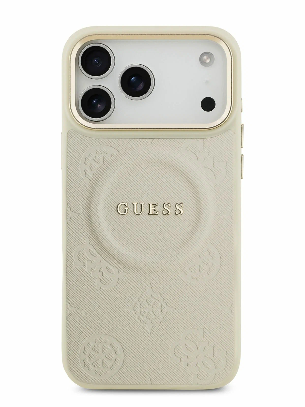 Чехол Guess iPhone 17 Pro Max PU Saffiano Peony Metal logo Gold camera Hard Beige, MagSafe, Бежевый