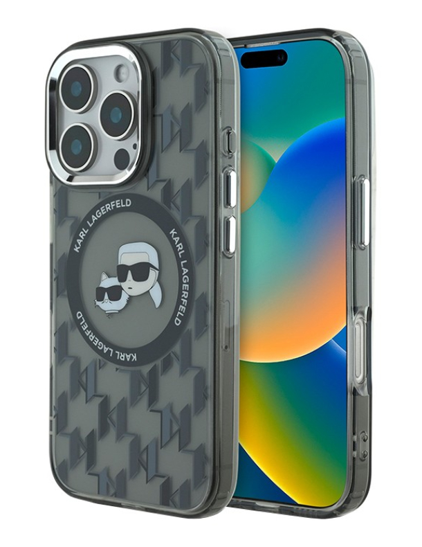Чехол Lagerfeld для iPhone 16, PC/TPU Monogram NFT Karl & Choup Metal Cam MagSafe, Прозрачный