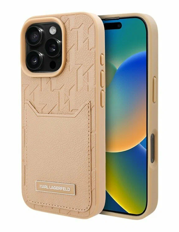 Чехол Lagerfeld для iPhone 16 Pro, Картслот PU Grained Monogram с Pocket, Коричневый